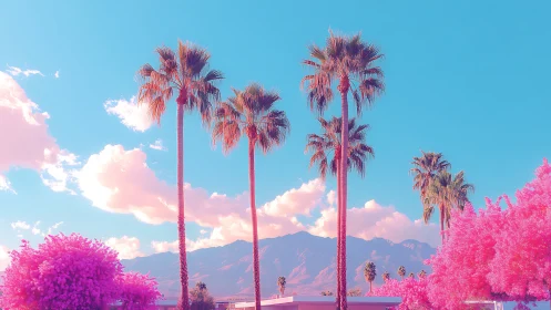 Neon desert palm trees against bright mountains and sky.