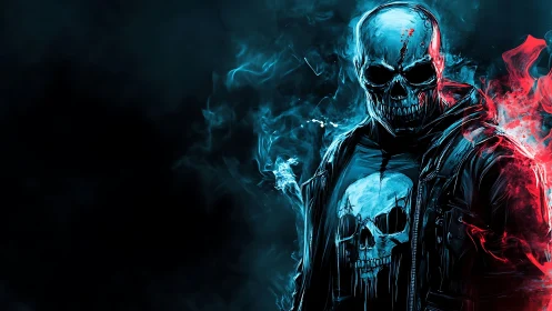 Digital painting of flaming skull biker in asymmetrical neon haze.