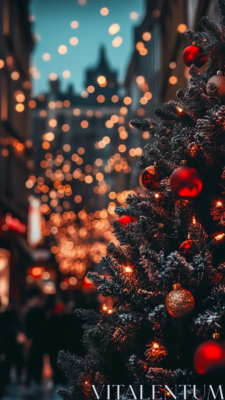 Christmas tree close-up with glowing street bokeh lights.
