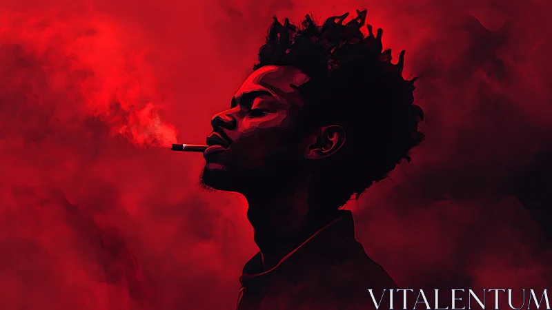 Profile portrait in red haze isolates smoker in moody chiaroscuro
