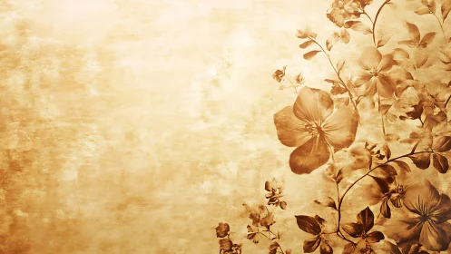 Floral branches curve along right edge on textured gold