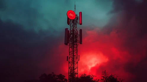 Cellular tower glows red against stormy cyan twilight sky