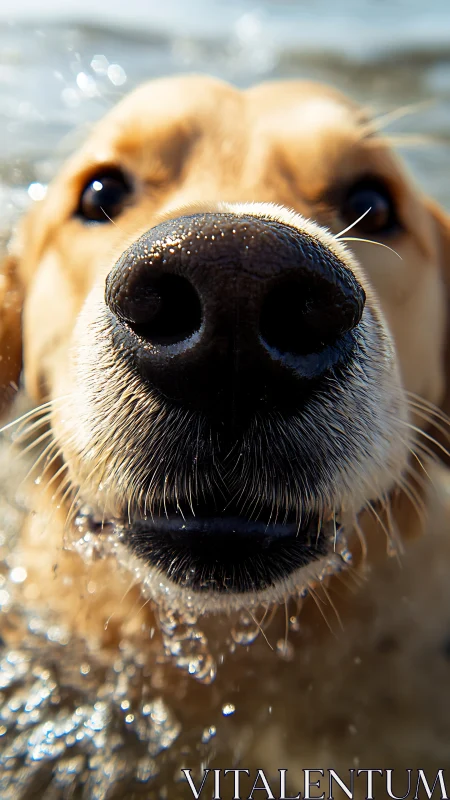 Wet-nosed swimmer claims the whole frame with joyous curiosity