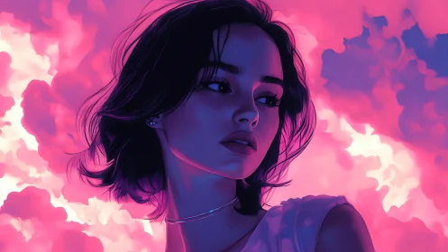 Melancholic girl gazes away amid neon pink dream clouds