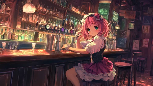 Anime barmaid in warm-lit tavern interior illustration.