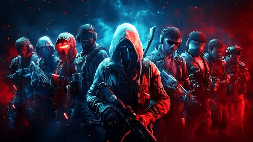 Hooded tactical squad stands in neon red and blue haze.