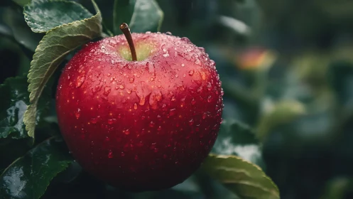 Macro study of dewy red apple with shallow depth of field