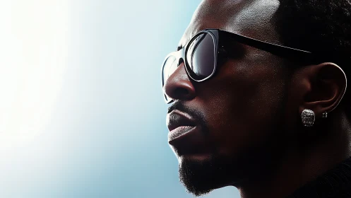 High-contrast profile portrait with reflective eyewear geometry.
