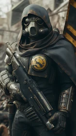 Armored wasteland ranger grips rifle in ruined city street