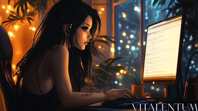 Night coder in warm bokeh-lit studio environment.