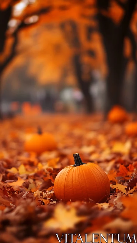 Pumpkin rests among golden autumn leaves in a quiet park
