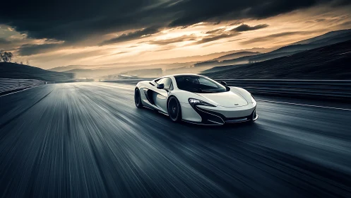 White supercar accelerates along wet track under dramatic sky
