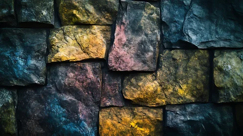Multicolored stone wall texture under dramatic low lighting.