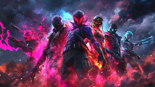 Armored sci fi squad with weapons in neon smoke environment.