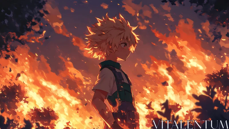 Blond-haired wanderer carves calm silhouette from wildfire sky