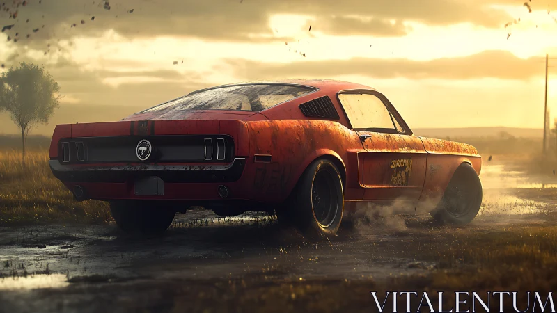 Weathered muscle car rendered in cinematic backlit wet-road scene