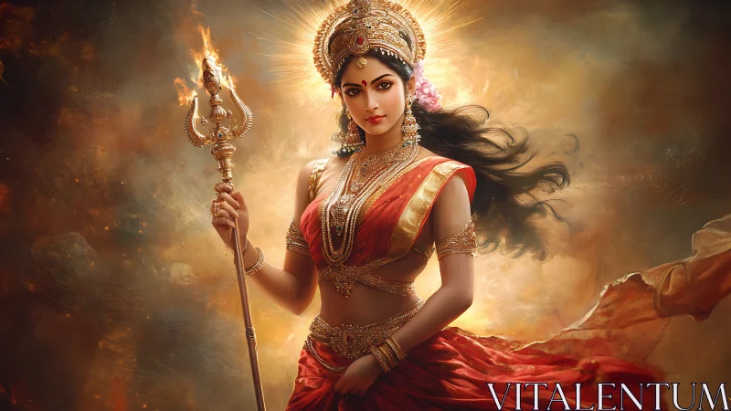 Divine warrior goddess in red sari with flaming trident amid aura