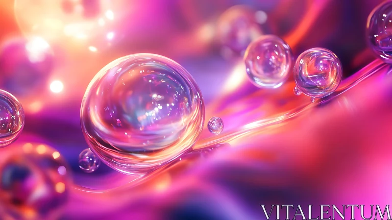 Iridescent 3D bubbles drift across neon liquid waves.