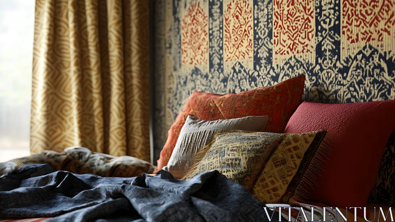 Patterned textiles on bed with cushions and draped fabric.