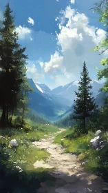 Alpine valley landscape with coniferous forest framing and cumulus sky formation