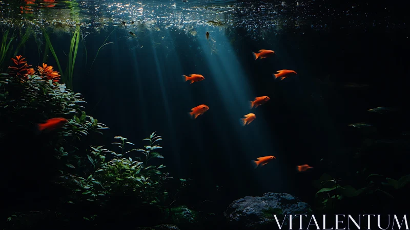 Underwater scene with orange fish in directional light beams.