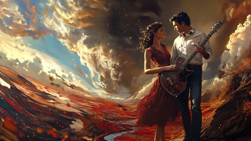 Couple with electric guitar in swirling painted landscape.