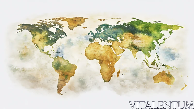 Watercolor world map in soft green, gold and blue tones.