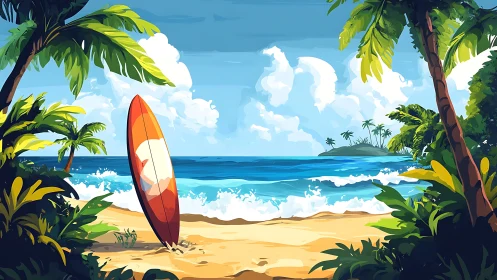 Vibrant tropical surf beach waits under bright summer skies