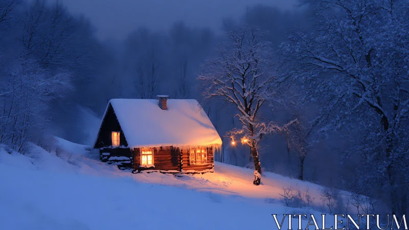 Gentle winter cabin glows warmly in a peaceful snowy forest