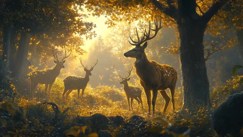 Sunlit stag herd in golden autumn forest clearing.