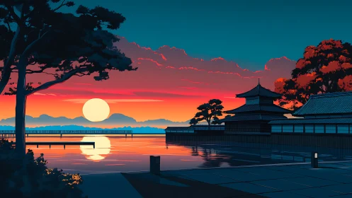 Sunset-lit Japanese lakeside temple with vivid cyan-orange sky