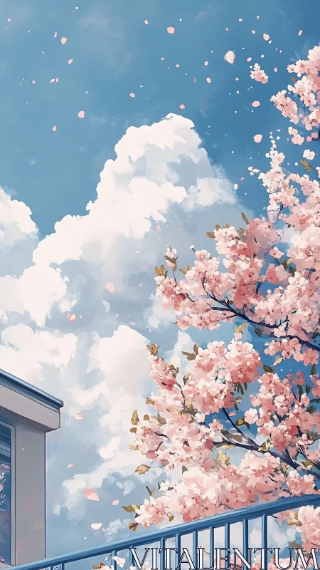 Soft spring clouds drifting above a balcony of blossoms.