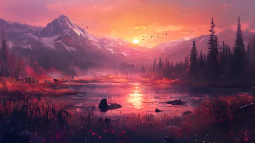 Mountain lake reflects vivid sunset across misty valley