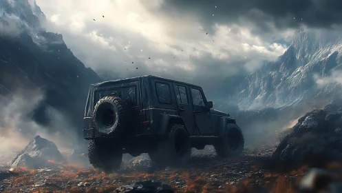 Off road utility vehicle in cinematic glacial storm valley.