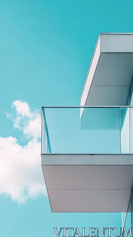 Minimalist glass balcony projects against clear cyan sky