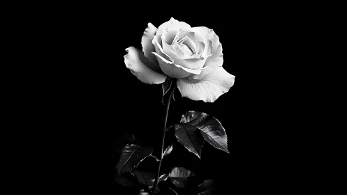 Graceful white rose glows gently against deep black night