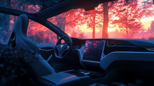 Tesla car interior overlooking vivid red forest sunset scene.