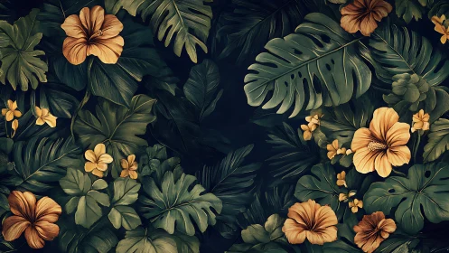 Dense botanical pattern renders stylized hibiscus and foliage