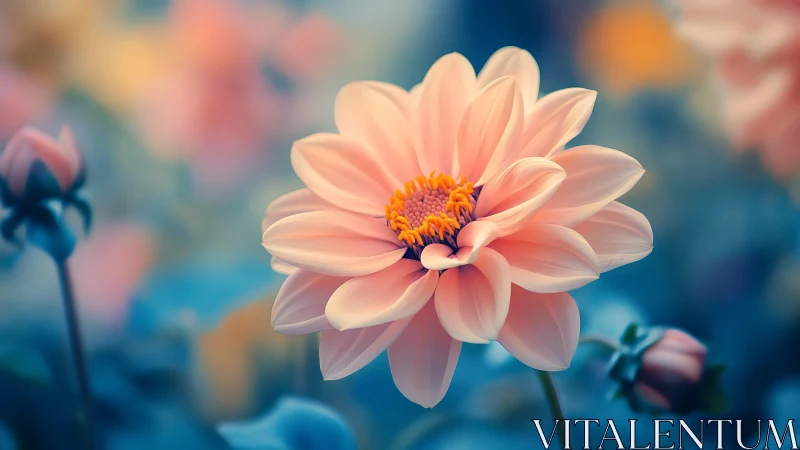Peachy Dahlia Radiance: Nature's Luminous Crown Against Azure Reverie