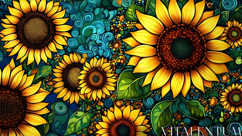 Sunflowers whirl in a turquoise storm of swirling garden light
