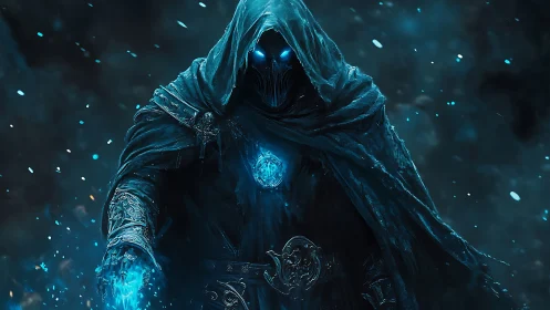 Hooded death mage with glowing blue runes in storm night.