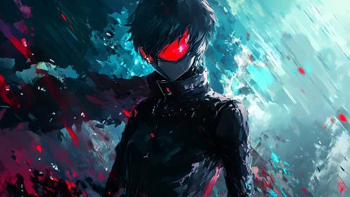 Cyber assassin stands within neon storm of fractured light.