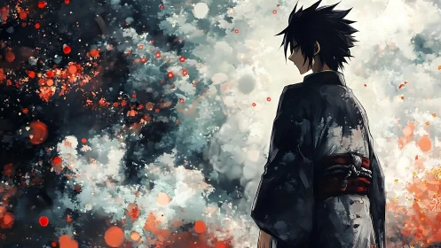 Solitary anime warrior before storm of burning embers.