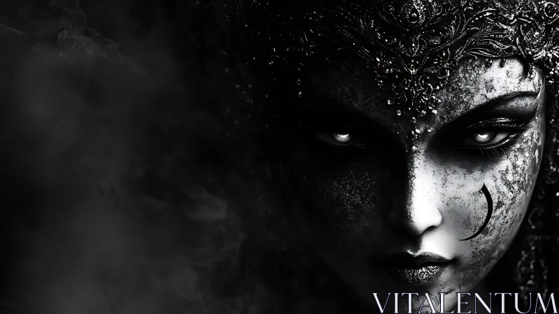 Dark moon goddess emerges from swirling shadowed mist.