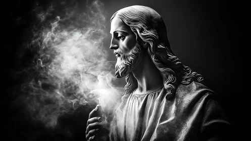 Sacred marble bust in drifting luminous smoke study.