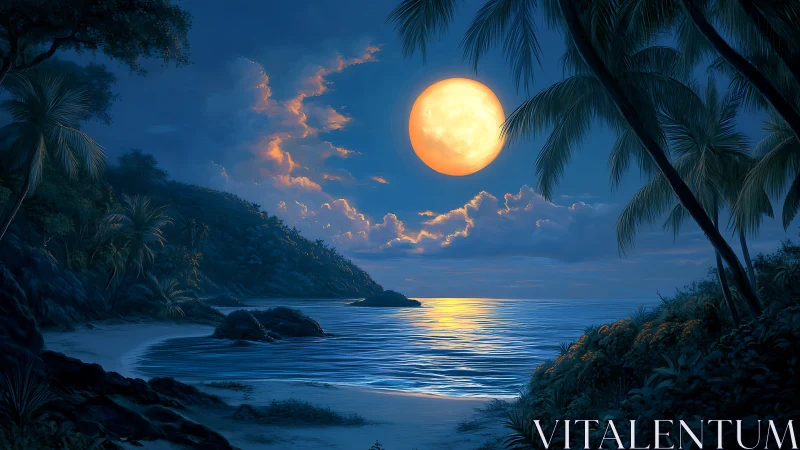 Full moon illuminates tropical shoreline and coastal foliage