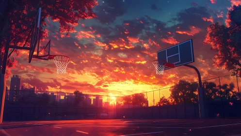 Sunset-lit urban basketball court with saturated atmospheric perspective