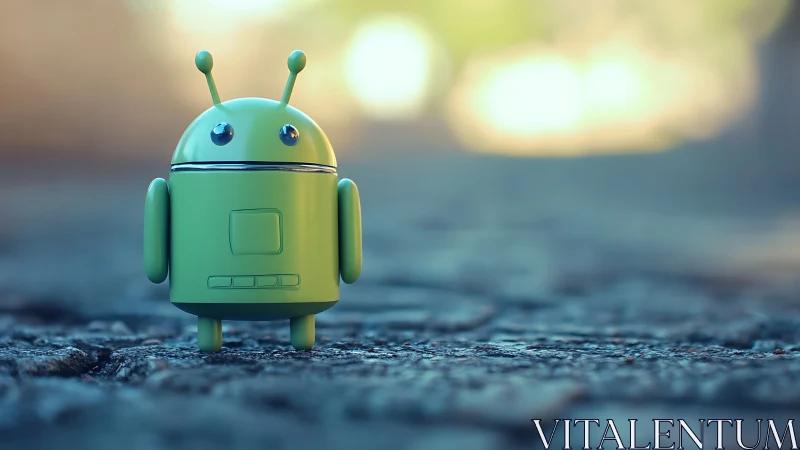 Green toy robot on textured ground in soft evening light.