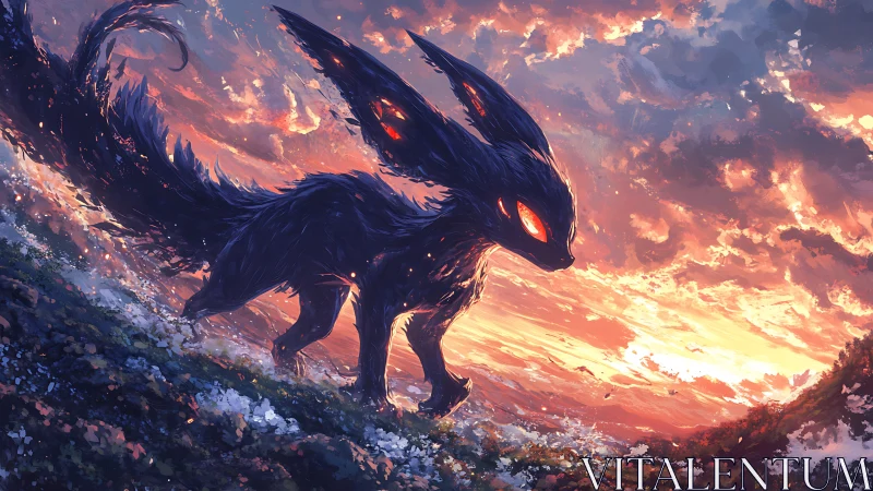 Bioluminescent shadow beast against incandescent sunset sky