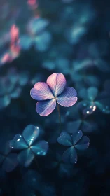 Soft twilight clover glows gently in a dreamy forest hush